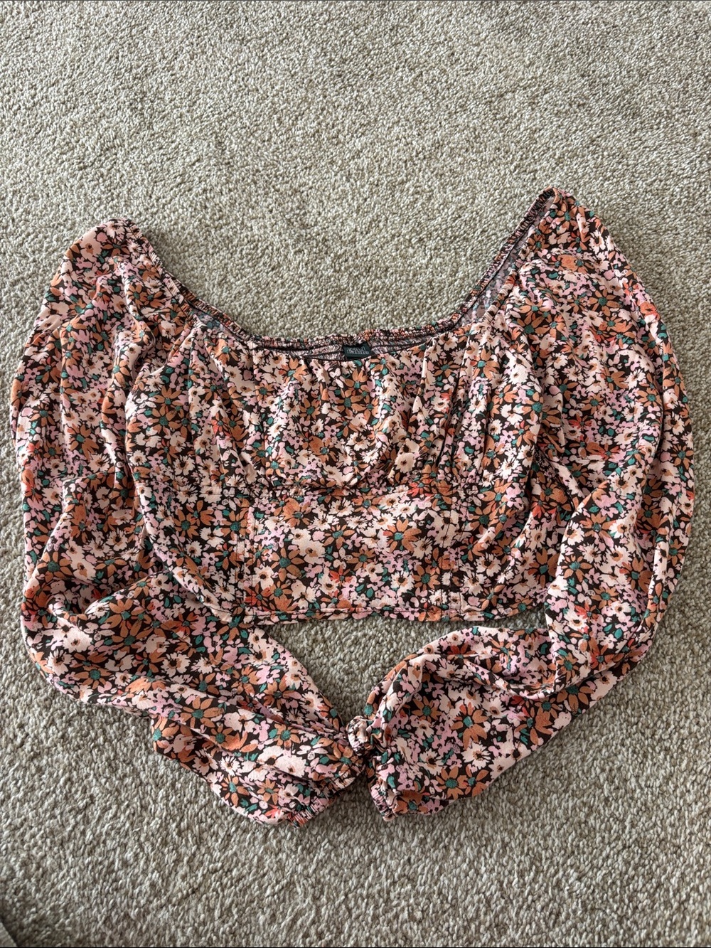 wild fable Pink & Orange Floral Puff-Sleeve Crop Top